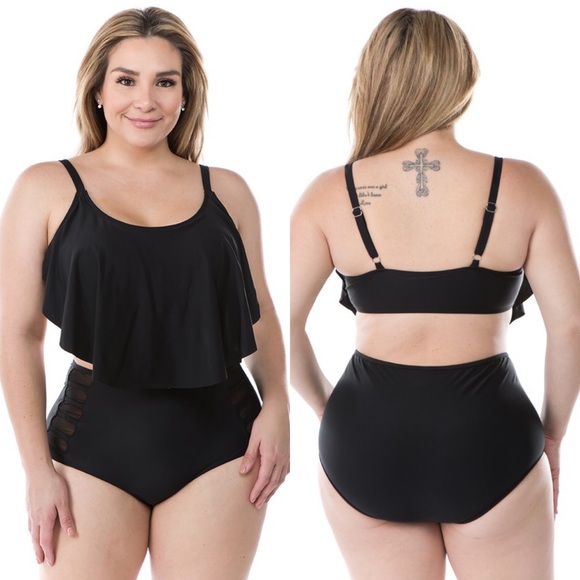 Plus Black 2 Piece Flounce Top Swimsuit - Picture 1 of 4